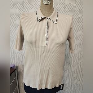 Tory Burch Mila Stitch-trim Tan Ribbed Short Sleeve Polo Shirt Women's Size XL